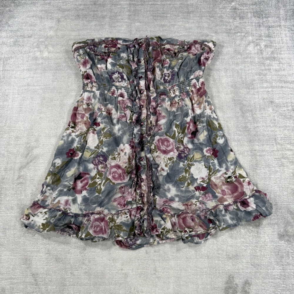 Magazine Top Womens Large Purple Floral Y2K Strapless Smocked Boho Ruffle Blouse